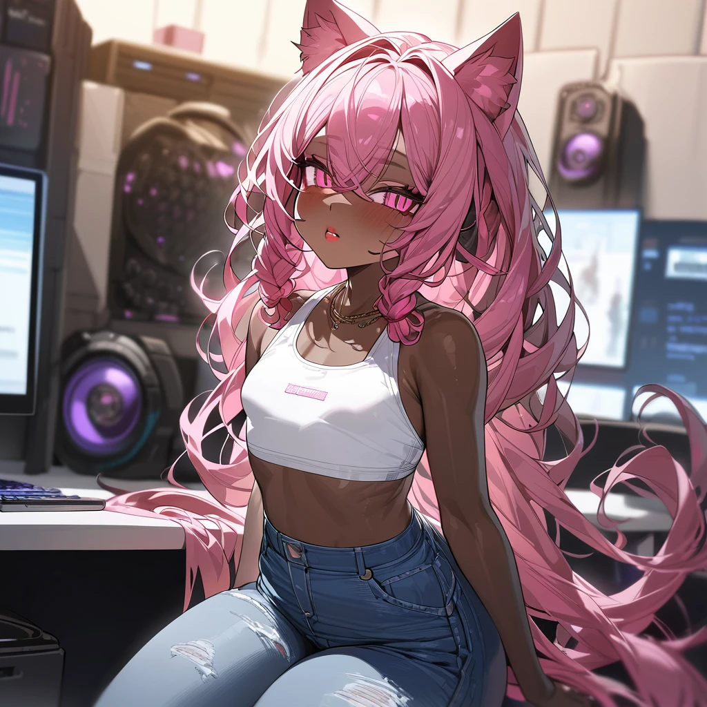 Best quality, highly detailed, ultra detailed, 1 very Dark brown skin boy, chocolate skin, flat chest, male chest, curvy body, long dreadlocks, pink dreadlocks, pink eyes, cat ears, lipgloss, wearing black bridal lingerie, booty, foot, bulge, computer setup background