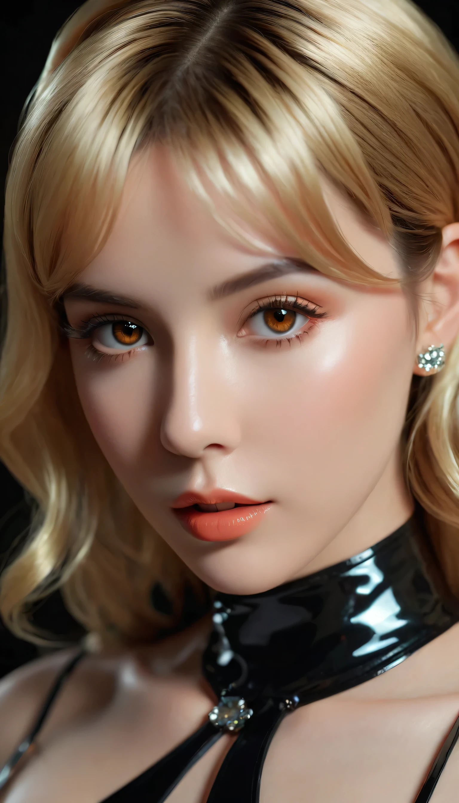 photorealistic Realism 8K, 16K Quality,
(ultra absurd quality, extremely detailed detail, hyper resolution, clear sharp focus, not blurry, (Realistic brown_eyes)),
((perfect dark_eyeshadows)), (super Detailed, beautiful little nose), (perfect composition), Depth of field, cinematic light, Lens flare, (extremely beautiful face, beautiful lips), Intricate detail face, best high quality real texture skin, (A woman with velvety skin), ((best high quality real texture hair)), (short blonde hair, (wavy, combed up, behind the ear), extremely detailed)), photo of the most beautiful artwork in the world, professional majestic (photography by Steve McCurry), 8k uhd, dslr, soft lighting, high quality, Fujifilm XT3 sharp focus, f 5.6, dramatic, (Anatomically correct perfect proportions), ((perfect hands:1.2)), 
((perfect female body:1.4)), cute girl, ((firm and full breasts)), 
(the most absurd quality perfect eyes:1.35), ((super beautiful cute sharp-face)), (light pale complexion), transparent color pvc ((full-body shiny latex, full colors Brightly outfit, holograph tight latex:1.24)), (((close to her face:1.33)))