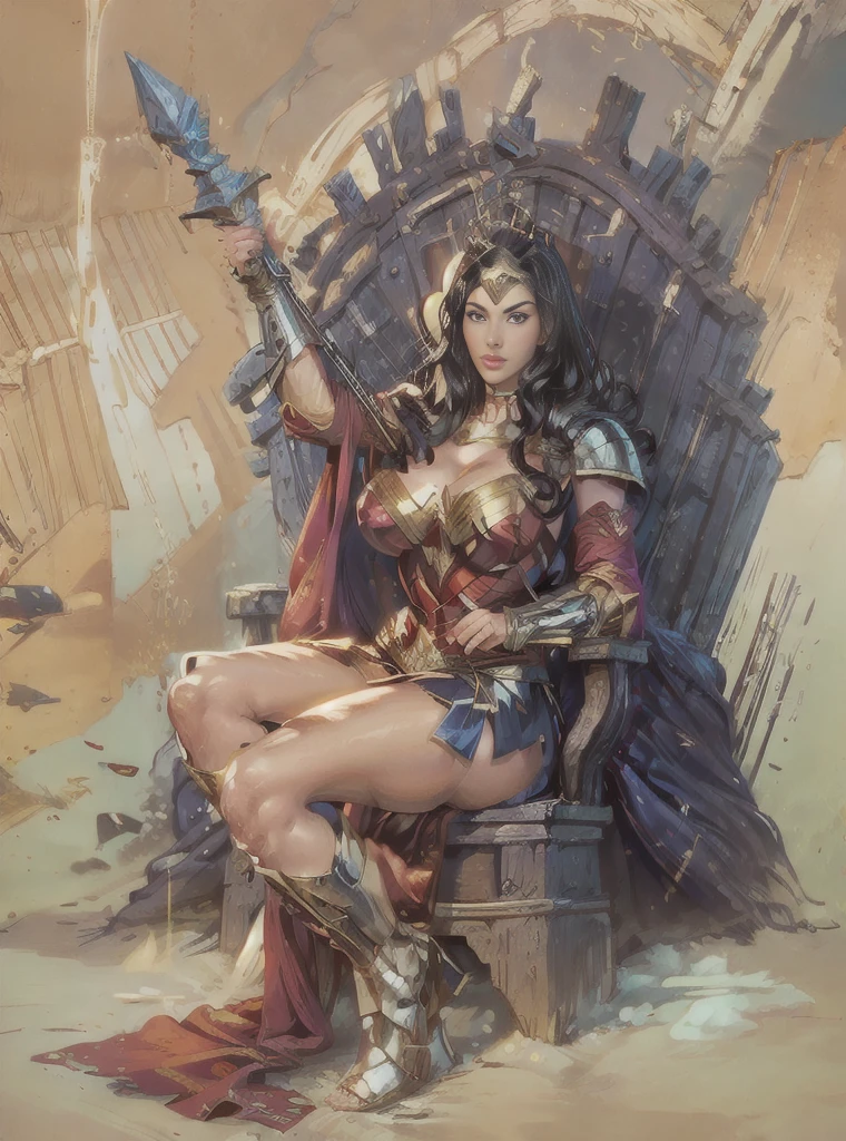 game of Thrones，a woman, Wonder Woman, huge iron throne，Sexy Queen Robe，sexy thone, Medieval Europe，long black hair, strong，Crude，The face is slutty ，Full and sturdy，tall，crown，Sexy Armor，Scepter，huge breasts, fitness legs, open legs, Camel toe is obvious，Rich in details，Light and Shadow，High quality image quality