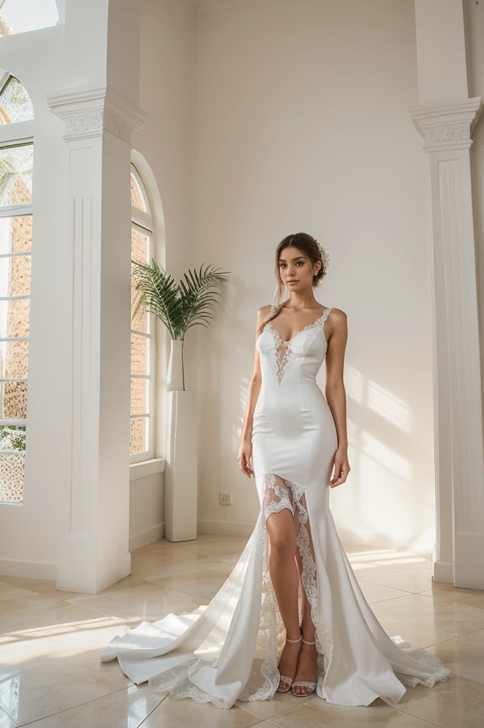 Top quality, Masterpiece, hyper HD, (Photorealistic: 1.4), RAW photo, 1girl，solo，Fashion model，Wearing a white mermaid wedding dress， v-neck dress style, Lace material, long tail, full body, in white room with indoor decorative palm tree，Stand upright and look straight.