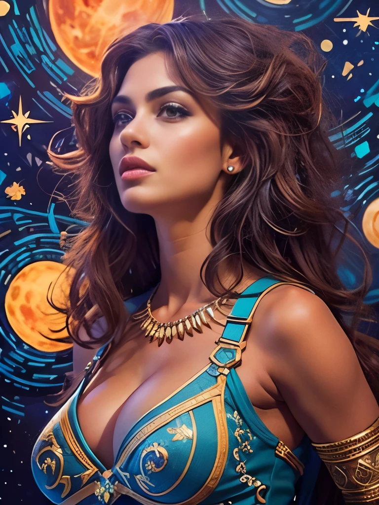 An ultra hot gorgeous European woman. Age 23. Goddess. high quality, highly detailed, illustration, impasto, canvas, oil painting, fantasy, ((night time. Starry night)).