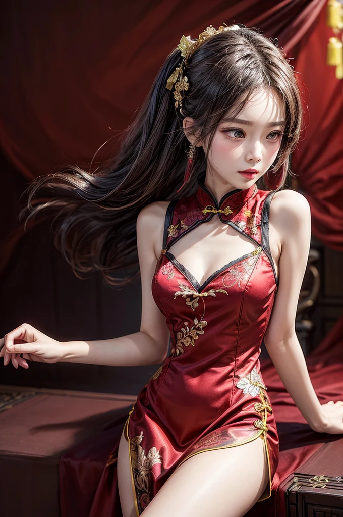 Create a highly detailed and elegant Cheongsam (Qipao) design. The dress should feature intricate floral embroidery, traditional Chinese patterns, and a high collar. The fabric should be silky and glossy, with a rich, deep red color that symbolizes good fortune. Add gold accents and trim to enhance the luxurious feel. The Cheongsam should be form-fitting, highlighting the wearer's figure gracefully, with side slits for ease of movement. Include delicate buttons along the side and an overall sophisticated, timeless look. Temple background, full body, small , long cheongsam