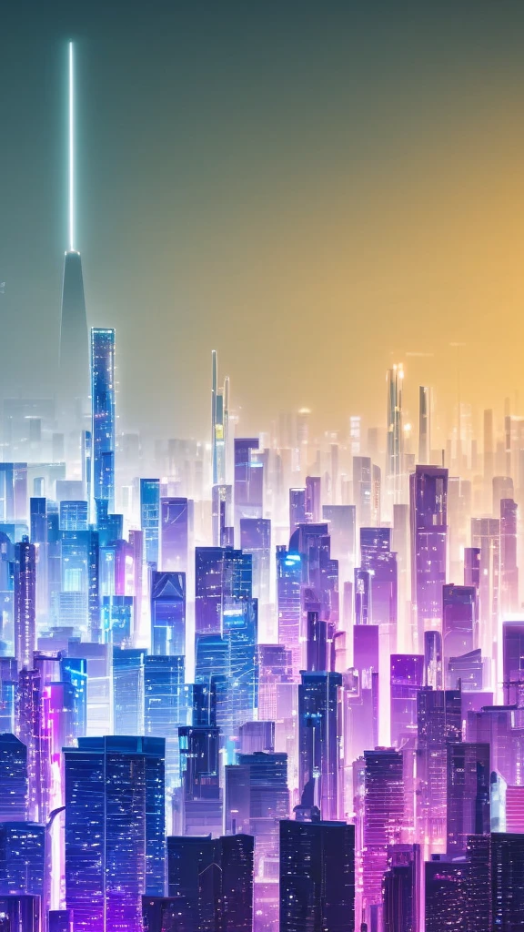 futuristic city, cyberpunk, tallest building, sky view, neon light blue and purple from building, night time, 8k quality, masterpiece, no one 