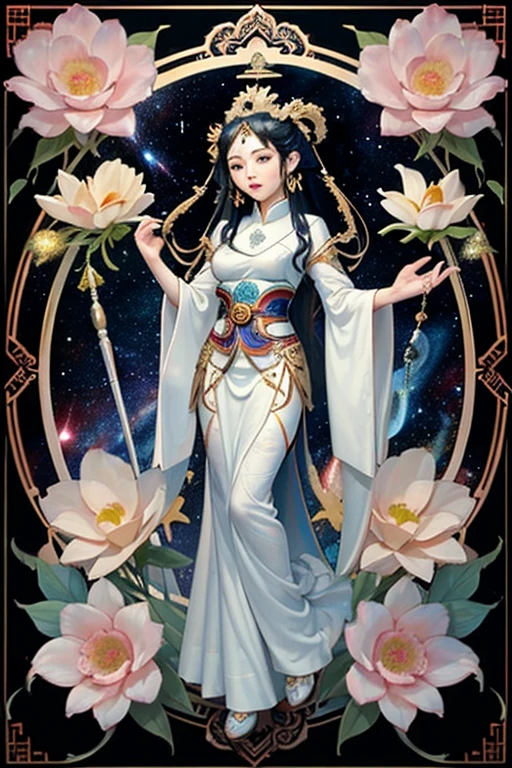 deusa kuan yin, white clothing with blue details, branch lotus flower, galaxy, stele, firmament
