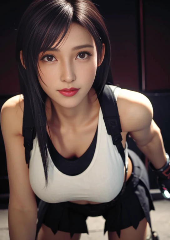 (Photorealsitic:1.4)、top-quality、extremely delicate and beautiful、hight resolution、1girl、FF Remake　tifa lockhart、a smile、suspenders、lowrise、a miniskirt、Tank tops、Tense shirt、A darK-haired、length hair、elbowgloves、Beautiful detailed red eyes、Facial light、light、navel、High exposure、Exposure of the abdomen、thin-waist、(large full breasts:1.2)、dynamicposes、dynamic ungle、all-fours、