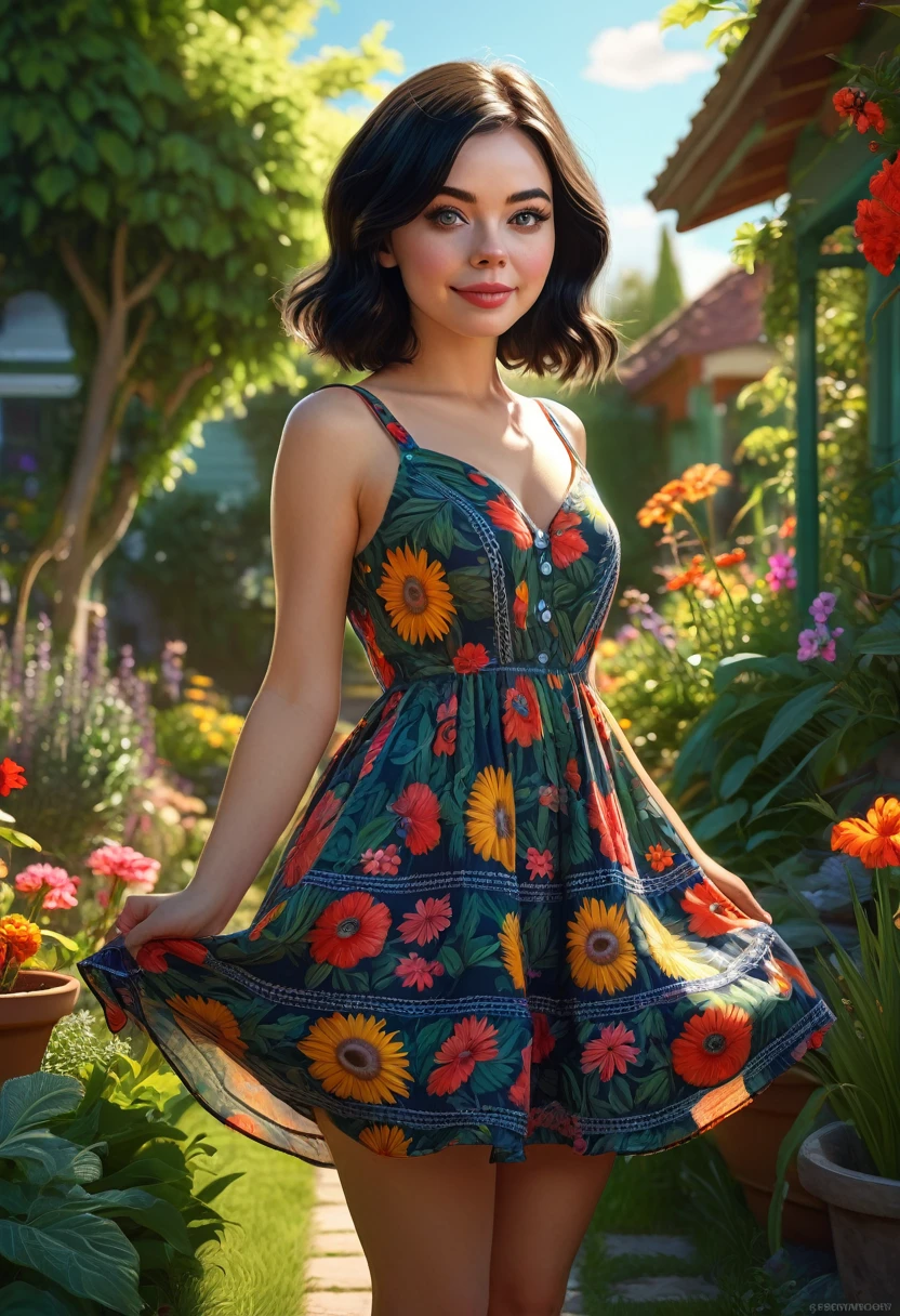 Adorable, Woman,big-eyed woman, round face. promenent lips. Smileing,In the garden,Her hands are behind her...., , large ass, wearing a cute sun dress. Picture from the side,looking at the scenes, intense colors, Very valuable details, complex details, volumetric lighting, digital art, 8k, trending on Artstation, Clear focus, complex details, highly detail, Greg Rutkowski Big Eyes, high-resolution, Black hair. Miranda Cosgrove and Scarlet Johanson