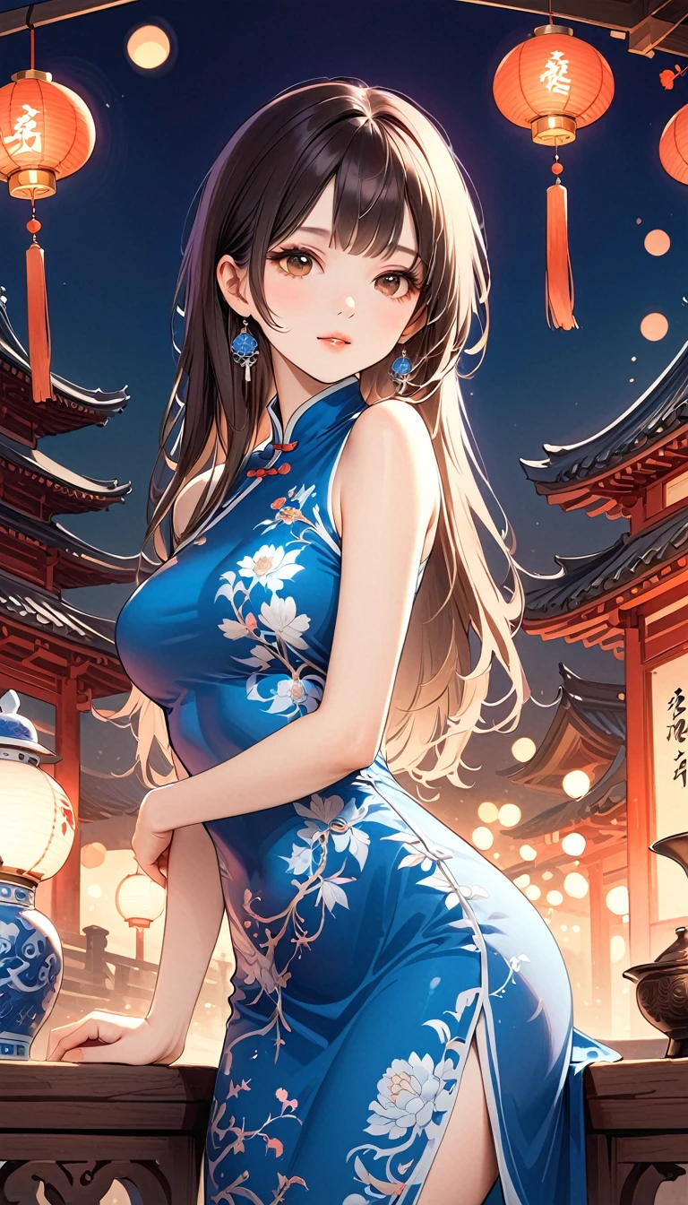 1 girl，On Cheongsam,Anatomically correct, Long hair，Blue and white porcelain，Exquisite pattern，Oriental elements，Ink painting style, Clean colors,White background, Soft lighting, ( Bokeh)，masterpiece, Very detailed, Epic Composition, best quality, 4K，