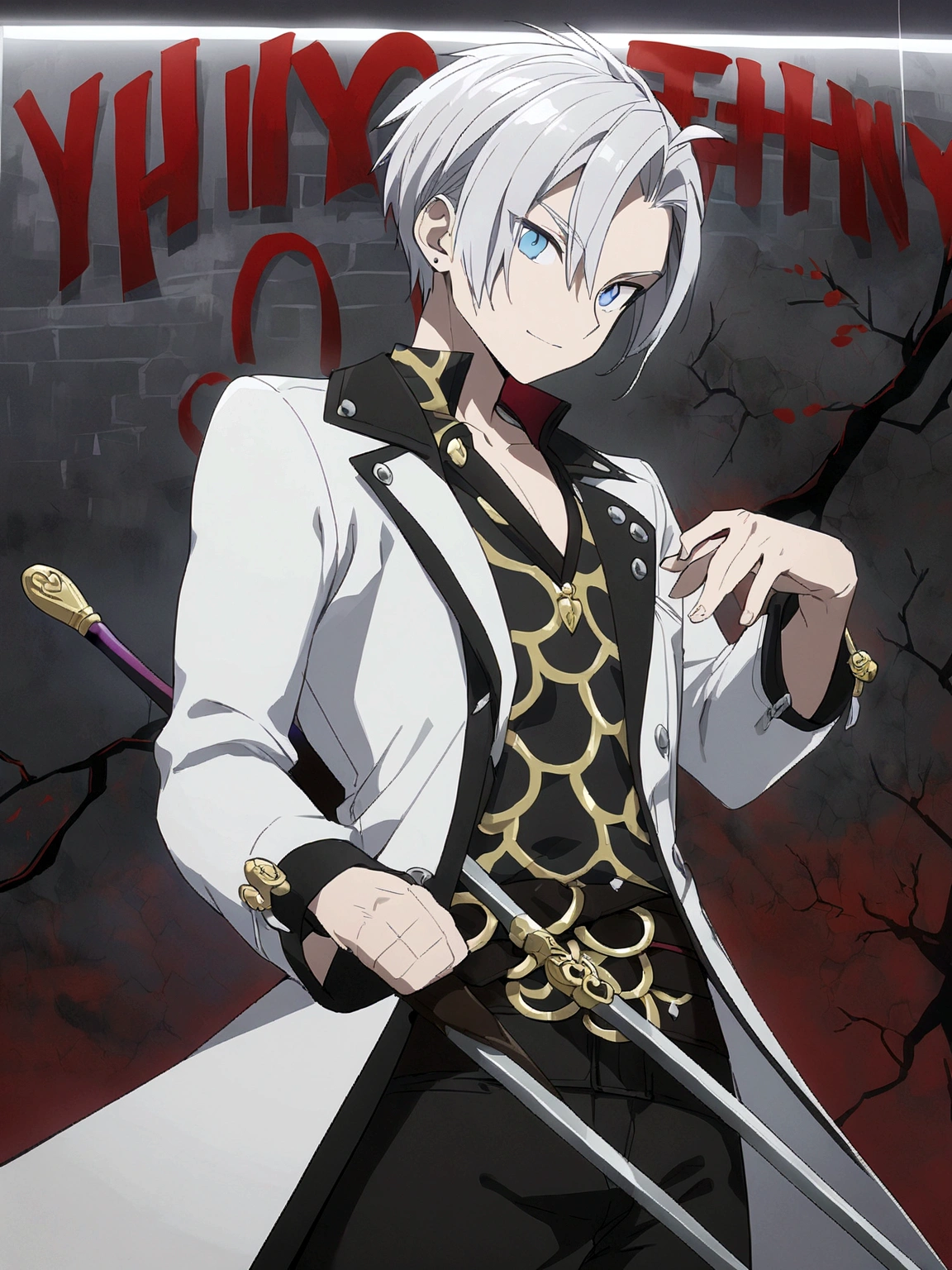 Creed Diskenth, Masterpiece, (Best Quality), (High Detail), (Best Illustration), (Detailed Background), (High Aesthetic), 1 boy, solo, white hair, blue eyes, leopard print shirt, white coat, In the garden