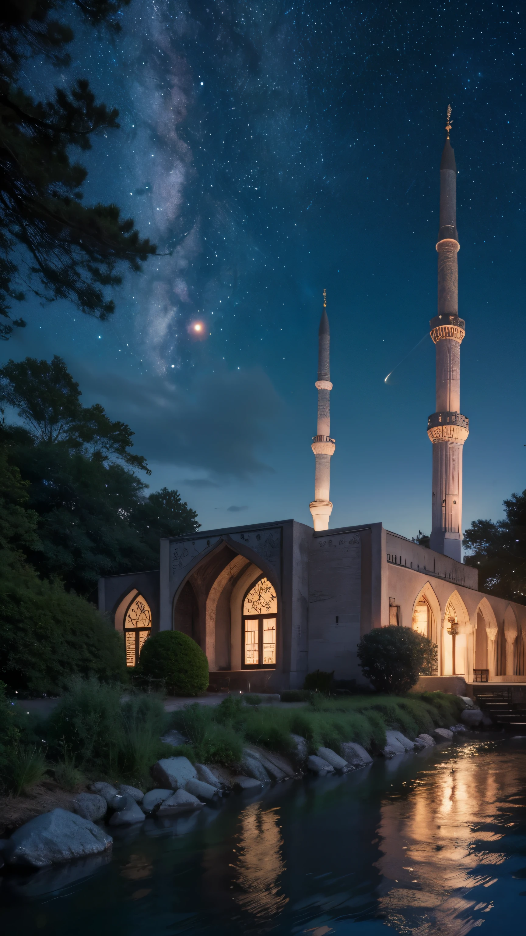 mosque, beautiful, exterior, trees, sexy girl, river, night, (((stars in sky)))