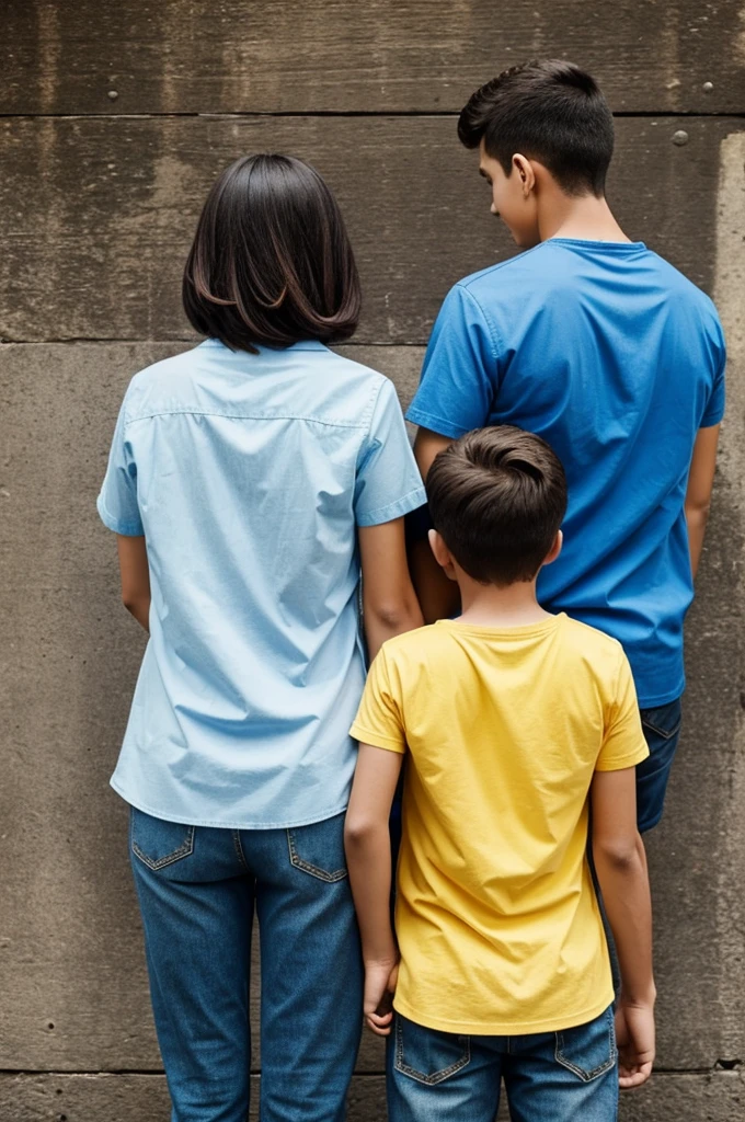 A couple with their backs turned, The girl has a blue shirt on and the boy has a yellow shirt on.