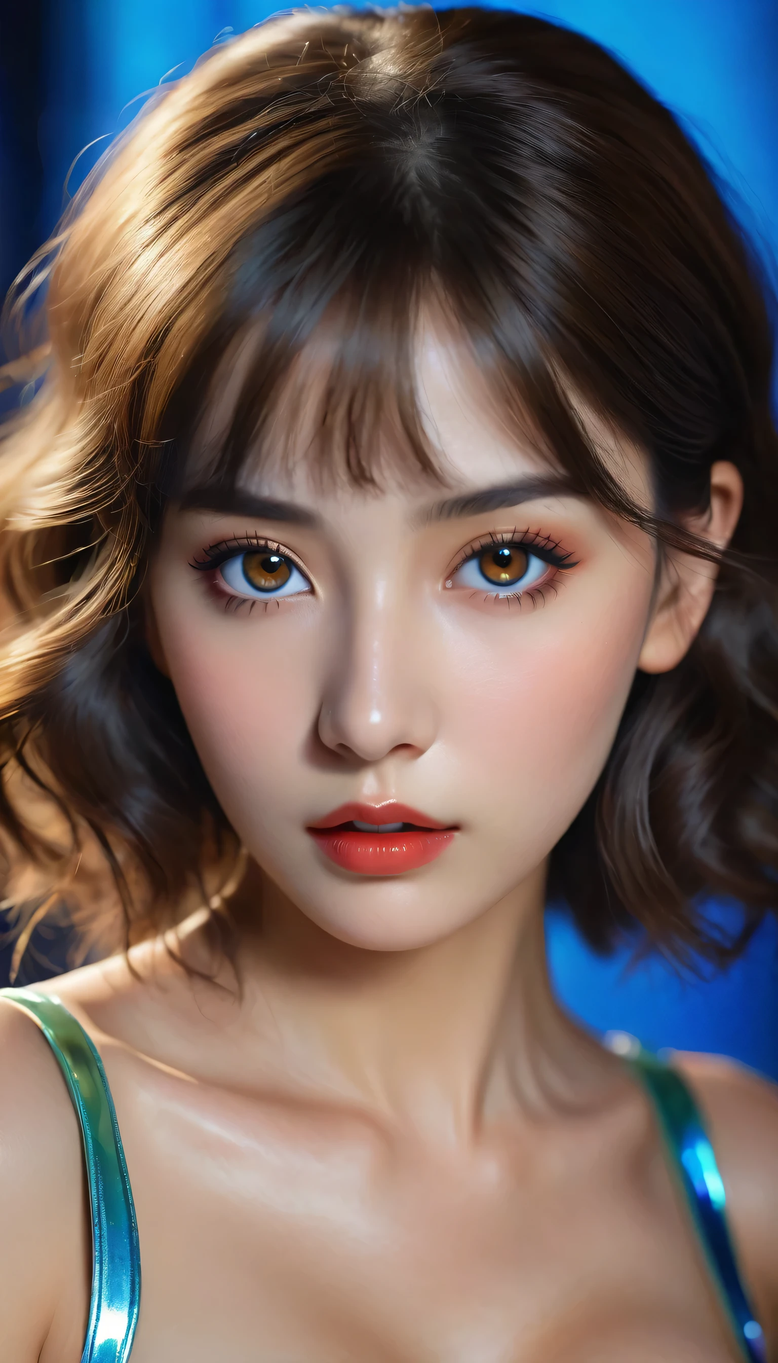 photorealistic Realism 8K, 16K Quality, (ultra absurd quality, extremely detailed detail, hyper resolution, clear sharp focus, not blurry, (perfect round, Realistic brown eyes)), ((perfect dark_eyeshadows)), (super Detailed, beautiful little nose), (perfect composition), Depth of field, cinematic light, Lens flare, (extremely beautiful face, beautiful lips), pink_makeup:1.22, long_blue_eyeliner:1.28, red_lipstick:1.35,(perfect dark_eyeshadows:1.45), (super detailed professional makeup on eyes:1.3), (Detailed nose:1.2), Intricate detail face, best high quality real texture skin, (A woman with velvety skin), ((best high quality real texture hair)), (short blonde hair, (wavy, combed up, behind the ear), extremely detailed)), photo of the most beautiful artwork in the world, professional majestic (photography by Steve McCurry), 8k uhd, dslr, soft lighting, high quality, Fujifilm XT3 sharp focus, f 5.6, dramatic, (Anatomically correct perfect proportions), ((perfect hands:1.2)), ((perfect female body:1.4)), cute girl, ((firm and full breasts)), ((super beautiful cute sharp-face)), (light pale complexion), transparent color pvc ((full-body shiny latex, full colors Brightly outfit, holograph tight latex:1.24)), (((upper body to the knee: 1.4))),