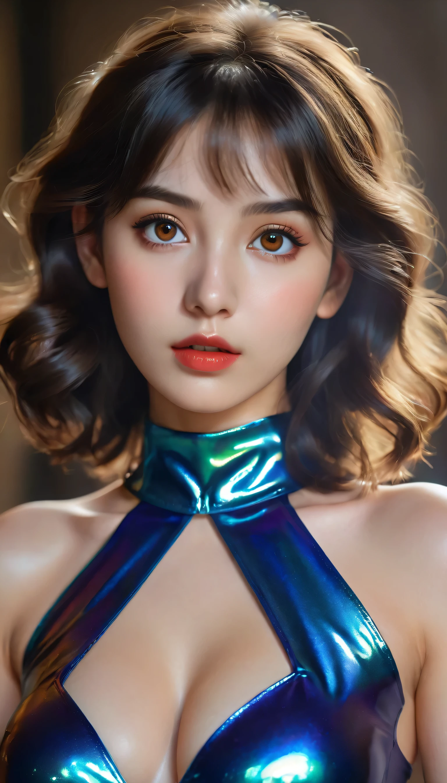 photorealistic Realism 8K, 16K Quality, (ultra absurd quality, extremely detailed detail, hyper resolution, clear sharp focus, not blurry, (perfect round, Realistic brown eyes)), ((perfect dark_eyeshadows)), (super Detailed, beautiful little nose), (perfect composition), Depth of field, cinematic light, Lens flare, (extremely beautiful face, beautiful lips), pink_makeup:1.22, long_blue_eyeliner:1.28, red_lipstick:1.35,(perfect dark_eyeshadows:1.45), (super detailed professional makeup on eyes:1.3), (Detailed nose:1.2), Intricate detail face, best high quality real texture skin, (A woman with velvety skin), ((best high quality real texture hair)), (short blonde hair, (wavy, combed up, behind the ear), extremely detailed)), photo of the most beautiful artwork in the world, professional majestic (photography by Steve McCurry), 8k uhd, dslr, soft lighting, high quality, Fujifilm XT3 sharp focus, f 5.6, dramatic, (Anatomically correct perfect proportions), ((perfect hands:1.2)), ((perfect female body:1.4)), cute girl, ((firm and full breasts)), ((super beautiful cute sharp-face)), (light pale complexion), transparent color pvc ((full-body shiny latex, full colors Brightly outfit, holograph tight latex:1.24)), (((upper body to the knee: 1.4))),