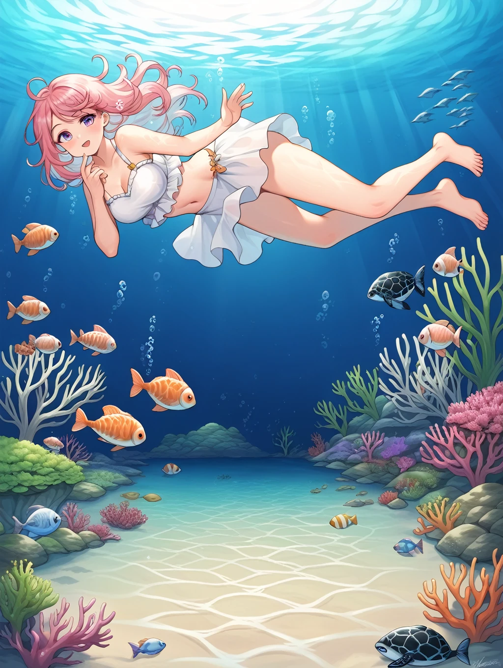 score_9, score_8_up, score_7_up, source_anime, masterpiece, best quality, high resolution, extremely detailed CG, absurdres, 1girl, solo, Full body, undersea environment, soft sunlight, Colorful tropical fish, Big sea turtle, underwater scene, underwater environment, deep underwater scene, underwater ocean, underwater landscape, ocean floor, underwater landscape, underwater background, Light in the water, under water scenery, reefs, coral sea bottom, reefs, Swimming, (gradation hair:1.1)