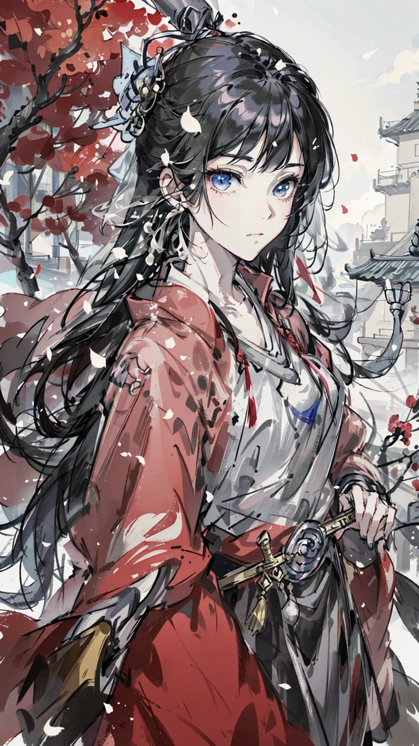 A painting of a woman wearing a veil and a sword, Beautiful character painting, Guviz, Guviz-style artwork, Guweiz in Pixiv ArtStation, Guweiz on ArtStation Pixiv, a beautiful anime portrait, Beautiful anime woman, guweiz masterpiece, style of anime4 K, Palace , A girl in Hanfu,Sword in hand