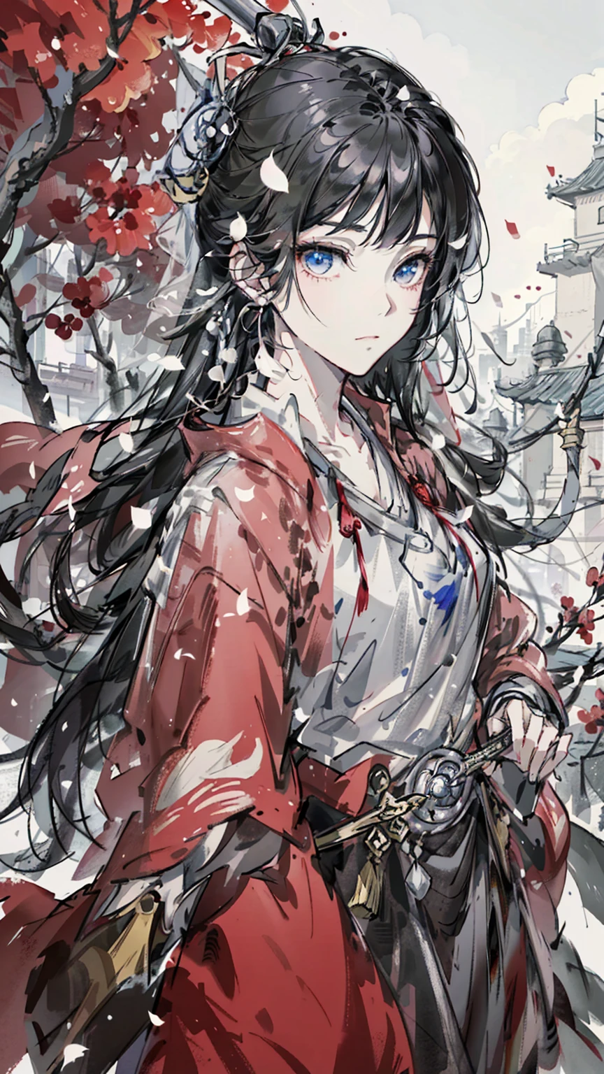 A painting of a woman wearing a veil and a sword, Beautiful character painting, Guviz, Guviz-style artwork, Guweiz in Pixiv ArtStation, Guweiz on ArtStation Pixiv, a beautiful anime portrait, Beautiful anime woman, guweiz masterpiece, style of anime4 K, Palace , A girl in Hanfu,Sword in hand