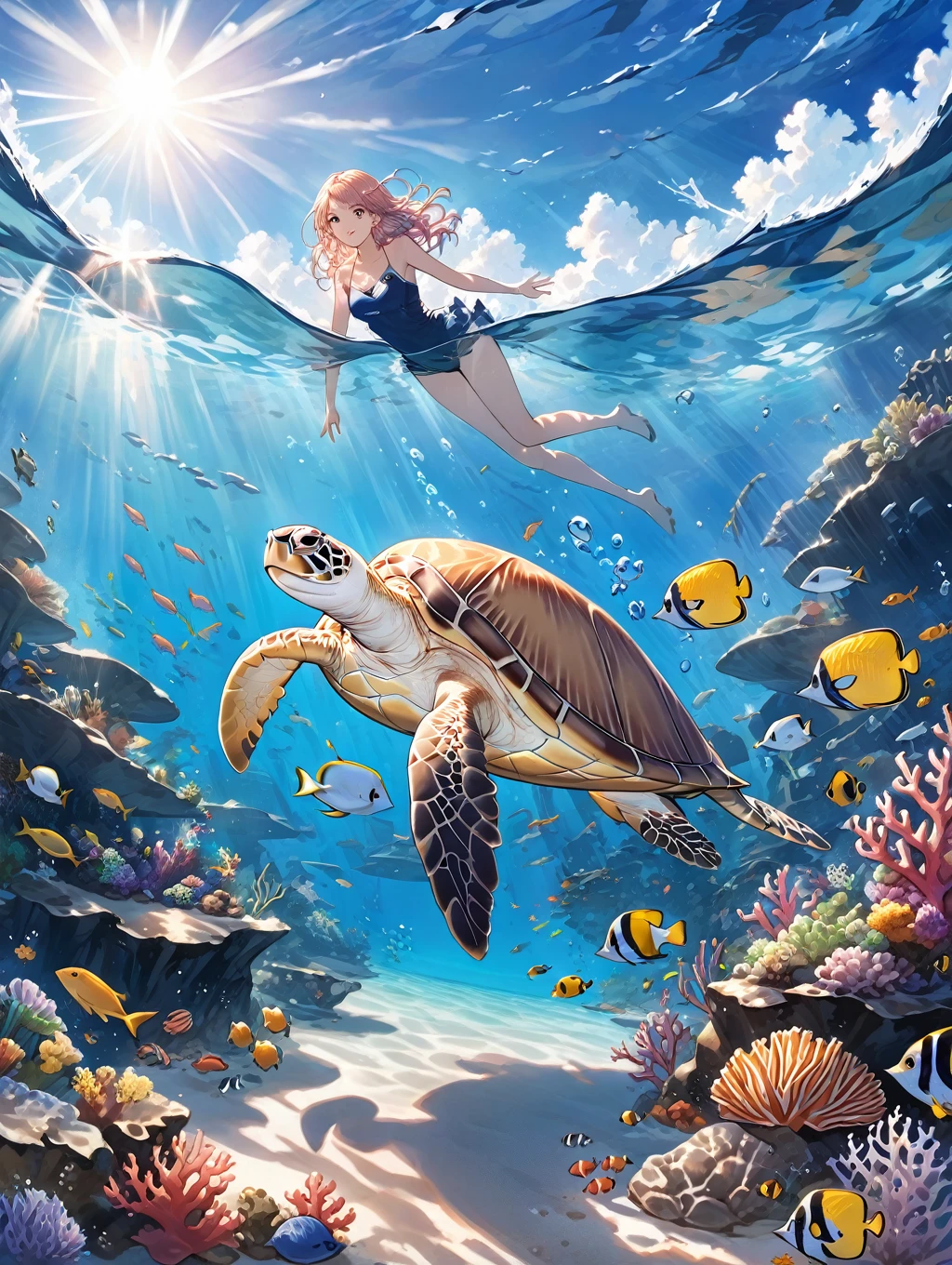 In the water、Girl playing with turtle、cute、beautiful、Swimwear、Big Turtle、Large sea turtle、人よりBig Turtle、is swimming with turtles、Snorkeling、High-five with a turtle、Lots of coral、diving、tropical fish