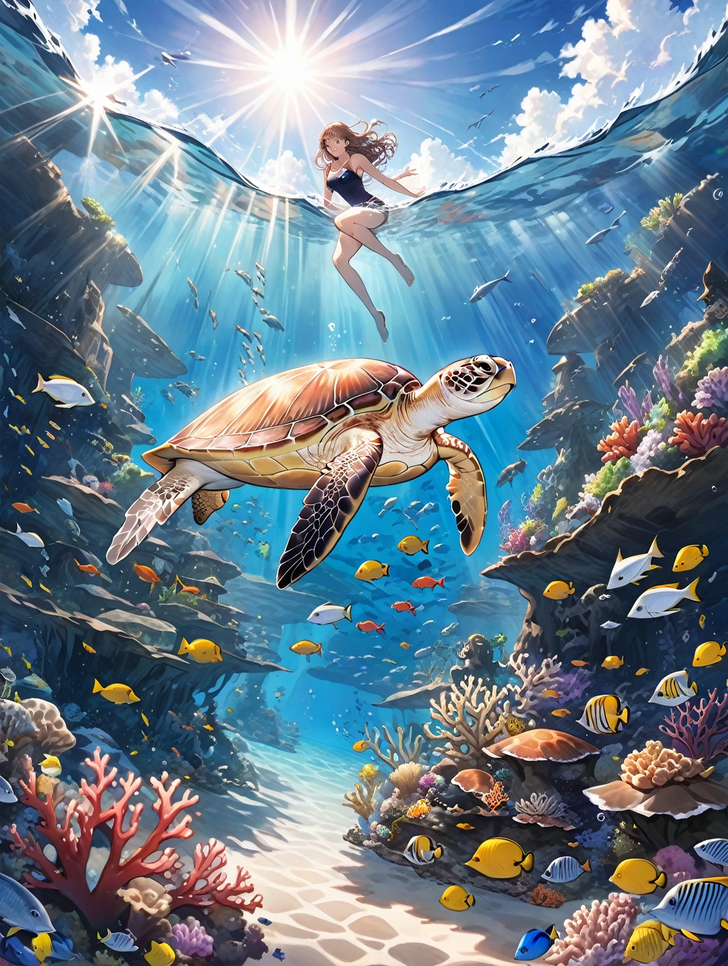 score_9, score_8_up, score_7_up, source_anime, masterpiece, best quality, high resolution, extremely detailed CG, absurdres, 1girl, solo, Full body, undersea environment, soft sunlight, Colorful tropical fish, Big sea turtle, underwater scene, underwater environment, deep underwater scene, underwater ocean, underwater landscape, ocean floor, underwater landscape, underwater background, Light in the water, under water scenery, reefs, coral sea bottom, reefs, Swimming, (gradation hair:1.1)