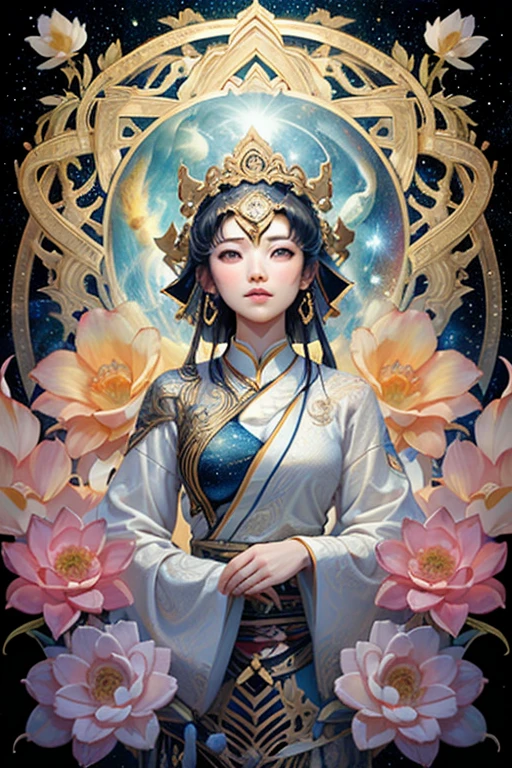 deusa kuan yin, white clothing with blue details, branch lotus flower, galaxy, stele, firmament