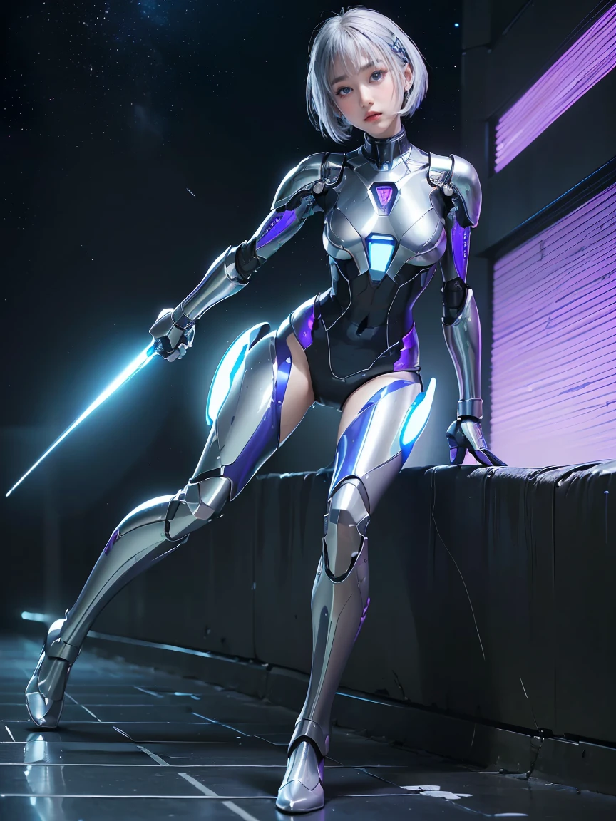 the best ever、8K,(((full body Esbian)))、(((The sheen)))、(((metalic)))、(((Very shiny、Very hard polished iron armor)))、(((cyberpunked)))、The cute beauty of the mecha(Best Quality, Detailed details, masutepiece, , 8K, Chiaroscuro,Great in good shape、Bust photos are ultra-realistic and realistic, Highly detailed Hasselblad RAW shooting )、(((Beautiful and shining natural eyes)))、(((Human skin type)))、(((Highly photorealistic human beings)))、(perfectly round eyes)、(((The details of the iris of the pupil are very amazing)))、(((Shining eyes)))、accurate fingers、Limbs without breakdowns、(((Face of Caucasian 10 year old girl)))、(((Very fair skin)))、Naturally closed mouth、Staring eyes、Natural body、(((a baby face)))、(((Caucasian cool high nose at the base)))、(((Skin types of humane Russian girls)))、(((Very cute female face)))、Feminine body、a small face、(((soft cheeks)))、Looking at the camera、Balanced face、(((drooing eyes)))、(((Beautiful drooping eyes)))、Body with human-like proportions、(((Slightly longer arms)))、(((Slightly longer arms)))、(((long neck)))、Normal shoulder width、((Long below the knee))、(rather long torso)、(((slightly larger hands)))、human face、(((Glowing blue-violet light blue silver hair)))、(((Cool and cute short-cut hair)))、(((The background is the future)))、(((8 Head Body)))、(((Luminescent light purple eyes)))、(((Thin thin silver eyebrows)))、(((Thin eyebrows)))、(((Looking at this)))、(((Gentle face)))、((Background Mecha))、bladerunner、((RoboCop))、Ghost in the Shell、tron、(((Space Detective Gavan)))、Swat、police officers、(((Night background)))、(((No makeup)))、(((Hollywood Science Fiction Movie Lighting))、(((5000 AD)))、Height 1cm、Leg length 82cm、the length of the head is 20 cm、Lung-hsin,Very subtlyXan legs、(((Cool pose)))、evangerion、Ayanami、(((murky)))、(((Combat readiness)))、Attack Pose、cyborgs、Artificial human、(((Extremely elaborate joints)))、(((Light blue silver eyelashes)))、(((very thin eyebrows)))、(((very brightly colored eyebrows)))、Precise and precise five-finge