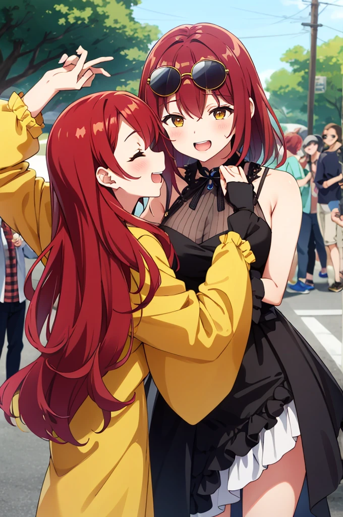 Focus on the face、Red hair、Yellow sunglasses、laughing、Hands on sunglasses、Fancy costumes