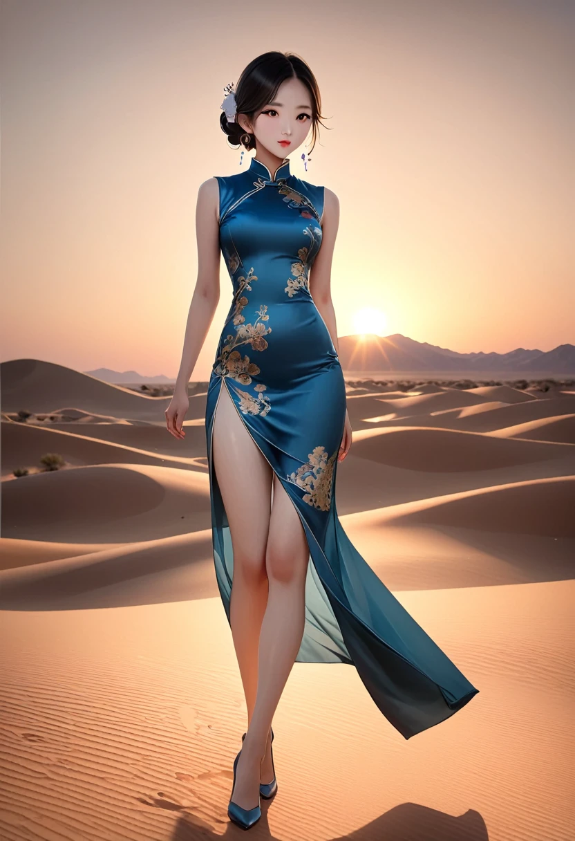 (best quality,4K,8K,high resolution,masterpiece:1.2),Very detailed,(Practical,photoPractical,photo-Practical:1.37),Chinese custom cheongsam,Anatomically correct,Backlight,Deep Shadows,Silhouette Light,Simple and elegant cheongsam,Charming Chinese design,Simple style,Silk Road Fashion Show，Desert Background，Sunset，Cheongsam series