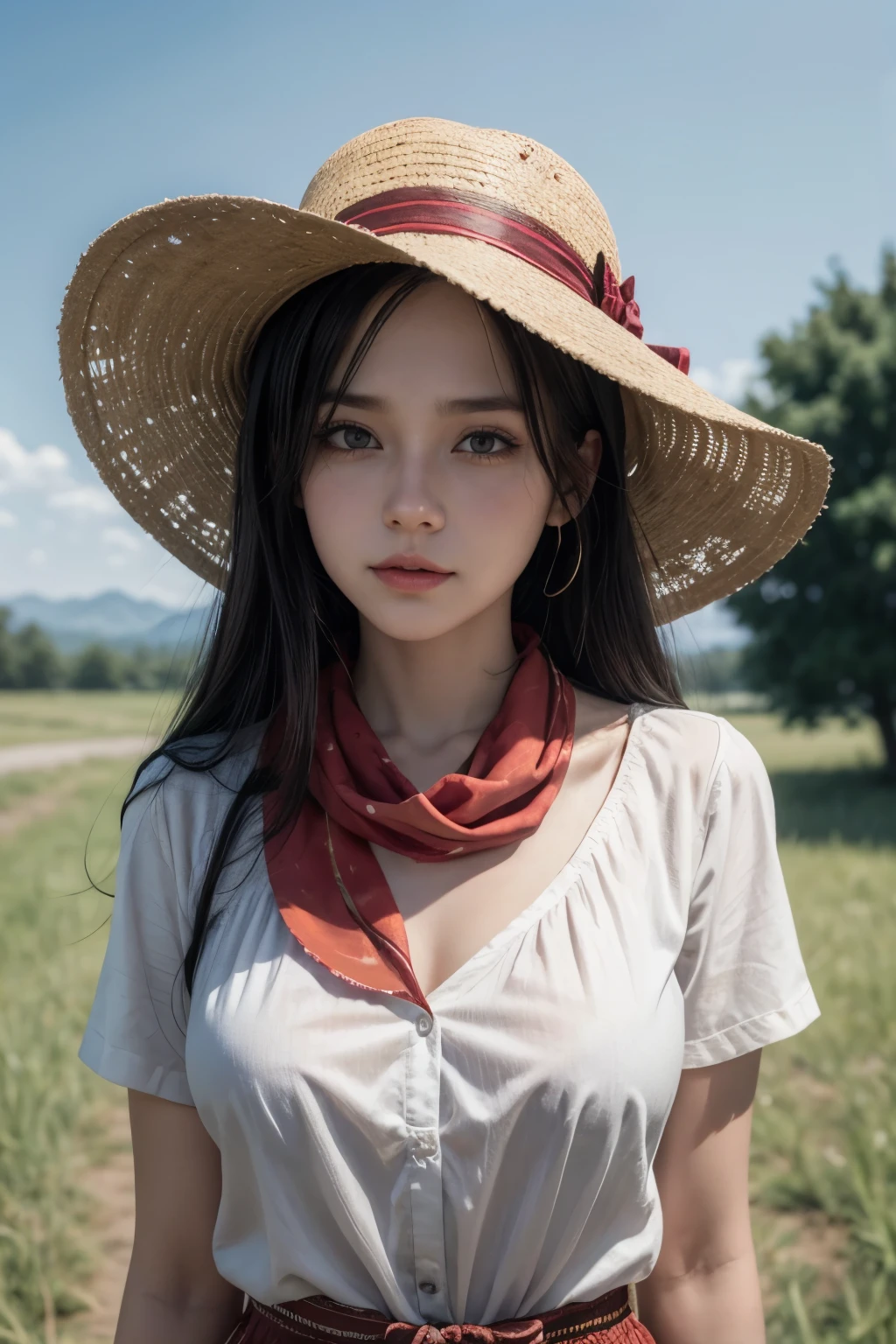 Create a woman, with country hat, black hair, white blouse, red bandana around her neck, anime art, RPG, face, 4K, 16:9 aspect ratio
