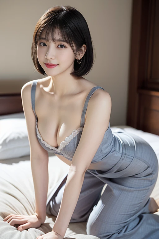 masterpiece,Highest quality,Adult 1 girl,Super detailed,Improve skin quality, Increase eye appeal,Ultra-high resolution,Very delicate,super high quality,Detailed face,Beautiful Eyes,Super short hair,Beautiful nose,Bowl Cut Hair,Hang hair on your ears,Deep valley,Beaming Smil, from side,(Large Breasts),,chest emphasis,From the waist up,Cross your arms,(:1.2),smile,bed,Nightdress,On all fours