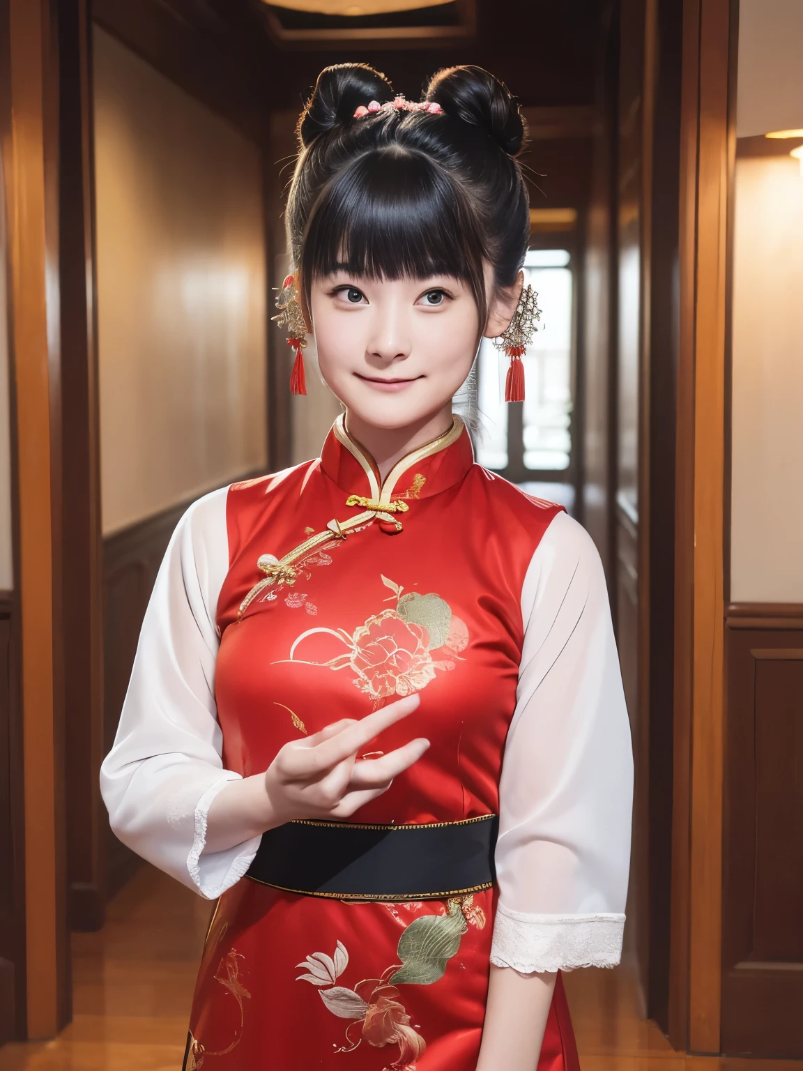 (high quality, High resolution:1.2), (Realistic:1.4), (1 Girl:1), Traditional Chinese Dresses, (Charming monkey:1), (((Double Buns))), Refer your audience, Lesbians all over, palace, corridor, ((Fringe cover)), Blunt bangs