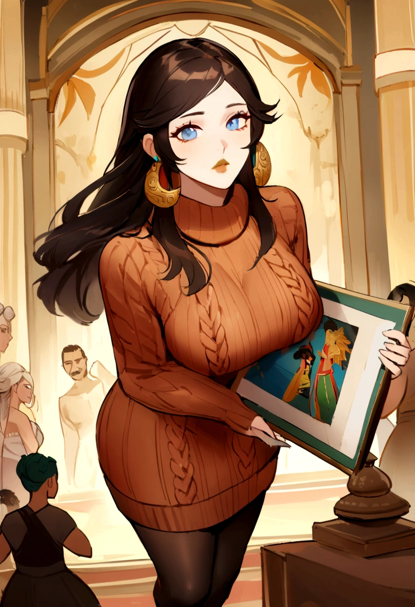 1 girl, mature woman, Chunky knit sweater dress, pantyhose, Empress, Cao Cao, athletic, triangular face, skin fair, dark brown hair, Blue Eyes with Green Spots, Narrow Nose, fleshy lips, round portruding chin, long hair, Thick hair, bob with bangs, natural breasts, Hug earrings, terracotta metallic lipstick, playing a board game, best qualityer, absurderes, work of art,  