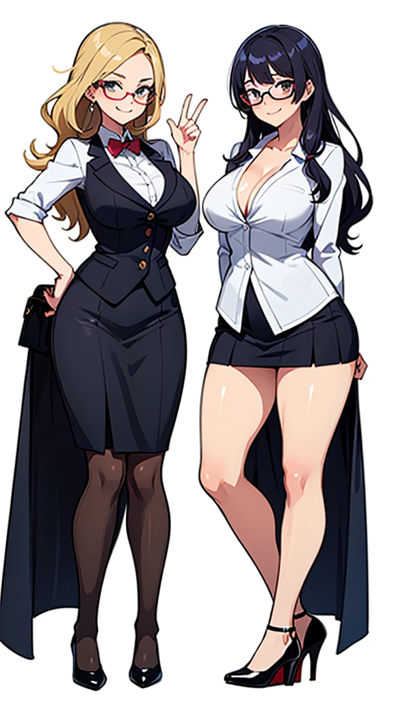 two sexy women, flirtatious smiles, various hairstyles, teacher outfits, glasses, white background, full body