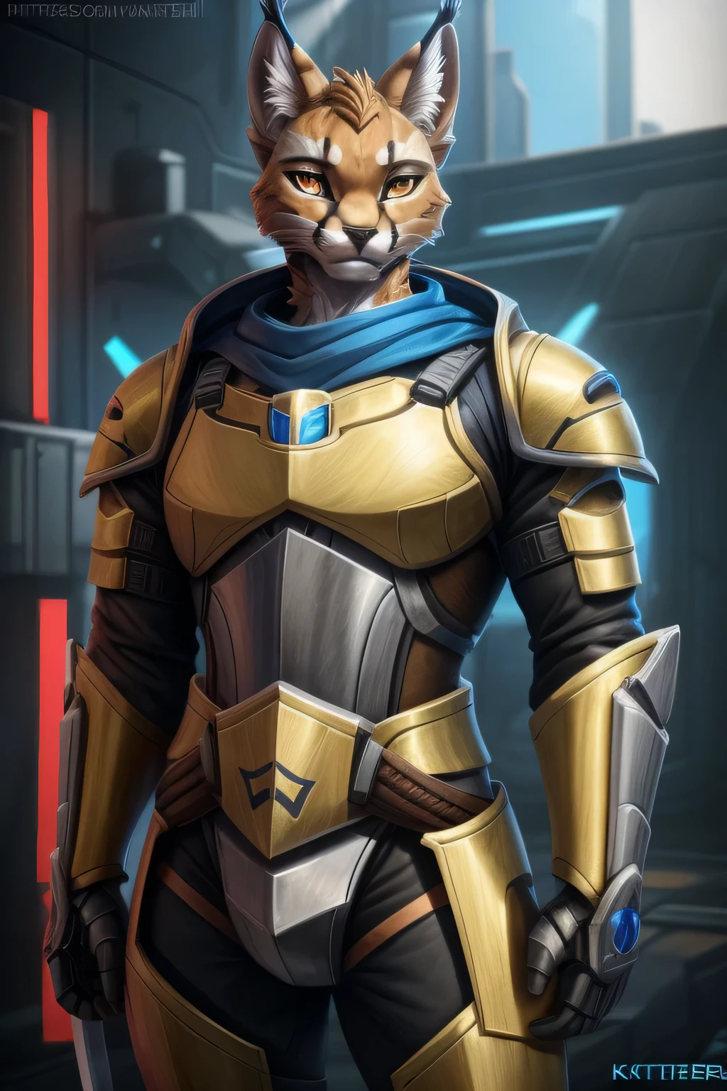 Image of a man in a fetish armor with a sword, Ein anthropomorpher Cyberpunk-Fuchs, kitsune inspired armor, Wearing golden cat armor, als Overwatch-Charakter, Caracal Cyborg, Husky in shining armor, Auf ArtStation 4K im Trend, The Knight of the Golden Cat Armor, von Lisa Nankivil, Auf ArtStation HD im Trend