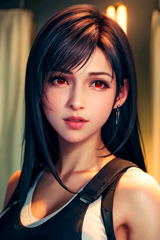 ff7r style, tifa lockhart,
1girl, solo, long hair, earrings, jewelry, red eyes, black hair, looking at viewer, realistic, blurry, parted lips, blurry background, tank top, swept bangs, lips, portrait, suspenders, bare shoulders, brown eyes, bangs
, ((masterpiece))