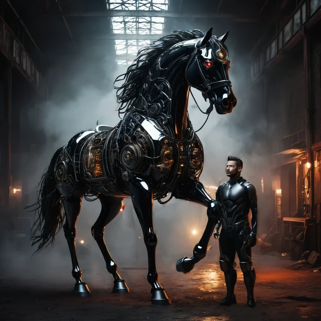 a cyborg man standing next to horse, featuring a black, metallic body constructed with advanced technology. His form is integrated with intricate wires, cables, screws, and visible gears, all seamlessly connected. His powerful frame exudes strength, showcasing components that use nuclear energy, emitting a faint, controlled glow