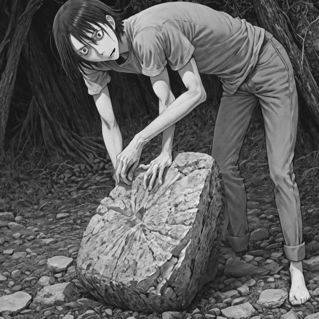 cutting stone in half, (anime), bizarre scenario, This is Junji, Yusuke Murata, black and white, 8K, anime, horror
