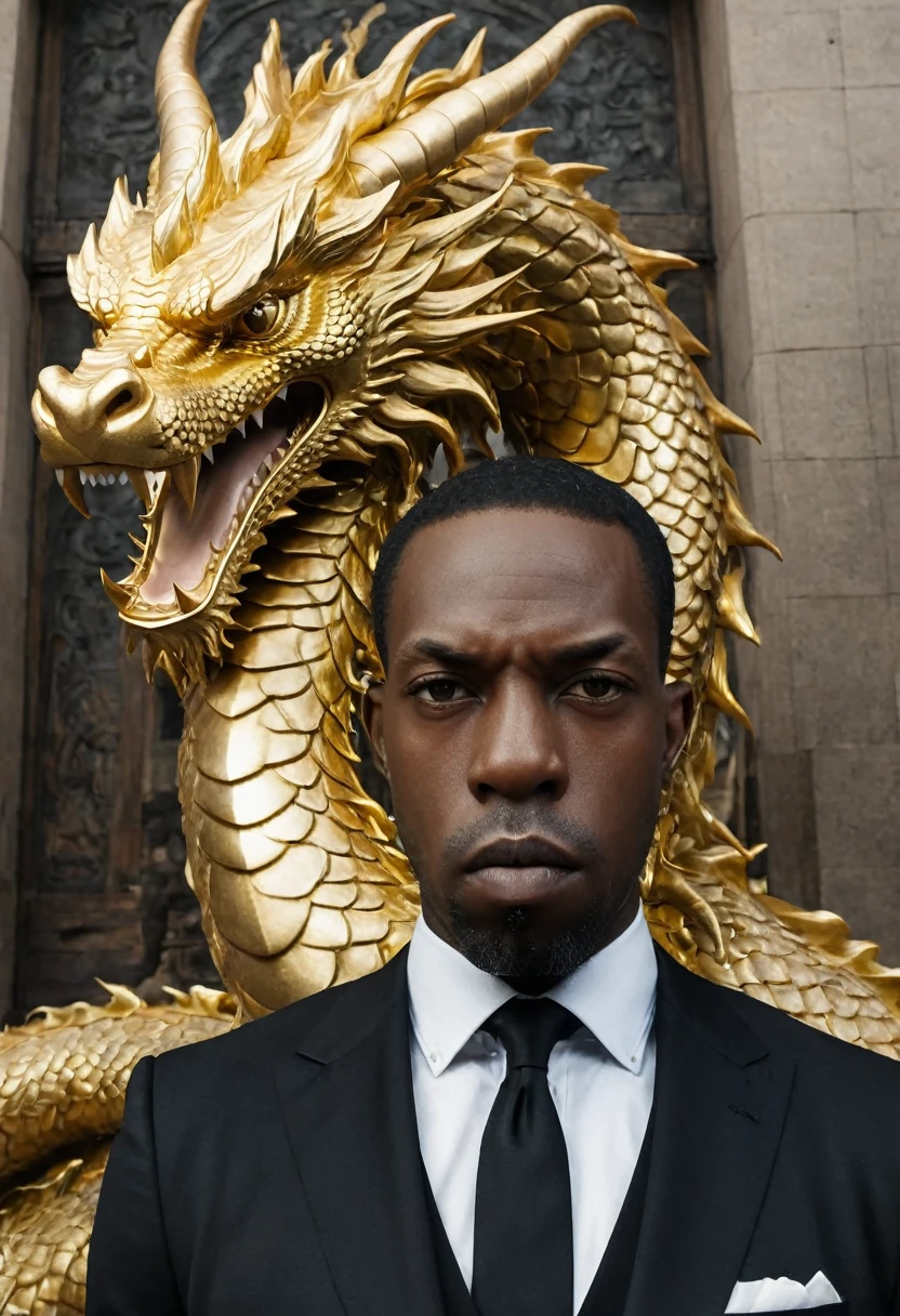 A close-up view of 
Shawt a black man i. A black suit standing in front of a massive gold

 dragon
