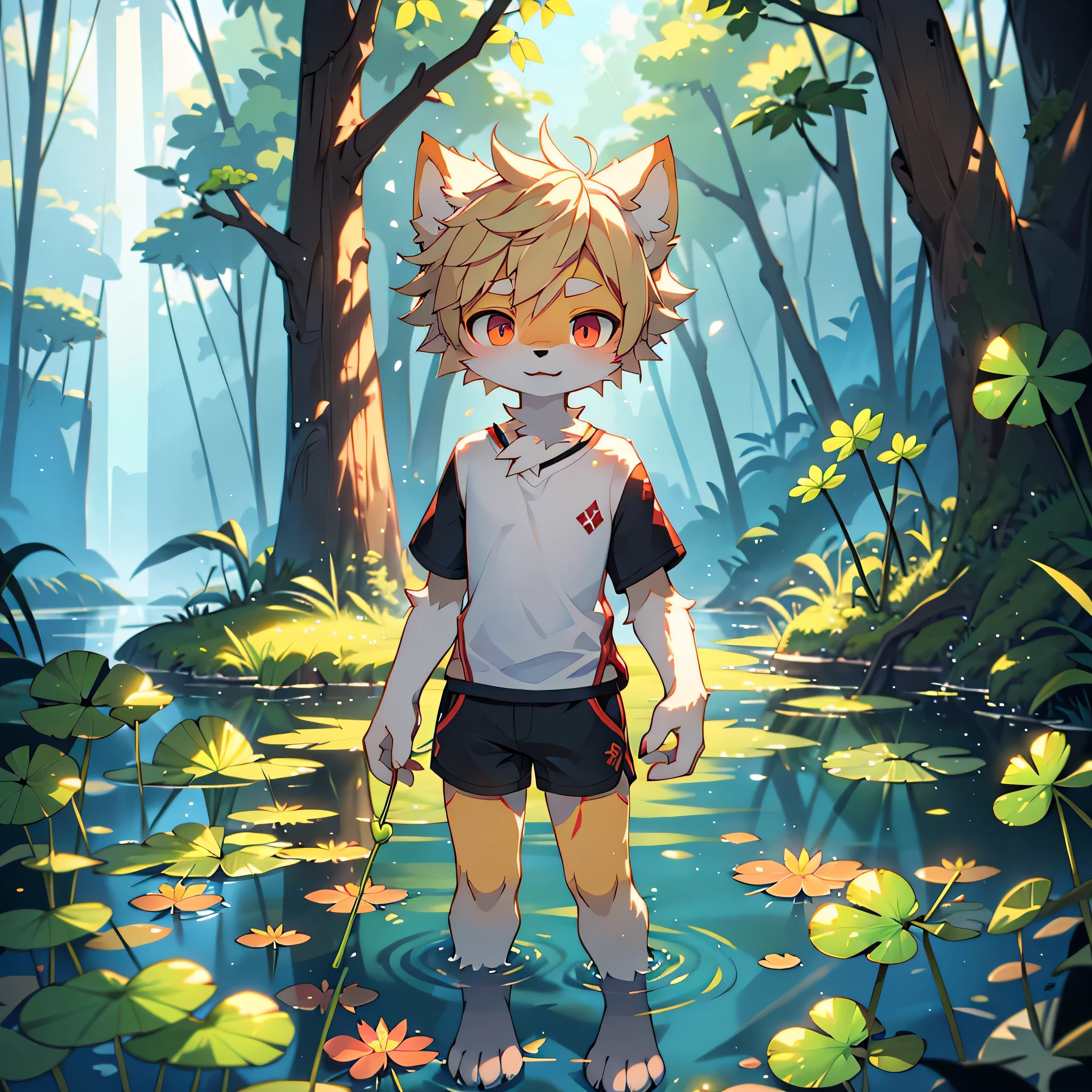 wetlands, moss, reed, lotus, Tall four-leaf clover, dew, tread water, White Fox Shota, Light Blonde Short Hair, light blonde and red streaked hair, Red Eyeshadow, Red vertical pupils, Slender body, pawpad, paws, vampire, in the shadow, Holding the four-leaf clover, Perfect lighting, fang out, shorts,black and white Short sleeve, cinematic lighting, UHD, masterpiece, anatomically correct, accurate, super detail, textured skin, best quality, highres, 16k
