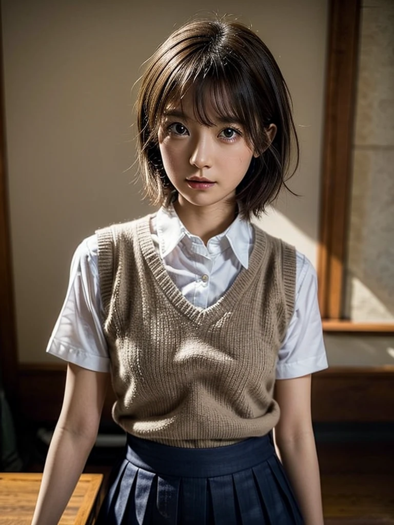 Masterpiece, Top Quality, Top Mikoto, brown eyes, short hair, small breasts, looking at viewer, alone, closed mouth, collared shirt, beige knit vest, dark blue  Skirt, school_uniform, shirt, white_shirt, classroom,Masterpiece, highest quality, 8K, detailed skin texture, fine cloth texture, beautiful detailed face, intricate details, super detailed,cute,cute posing,composition that shows the whole body,