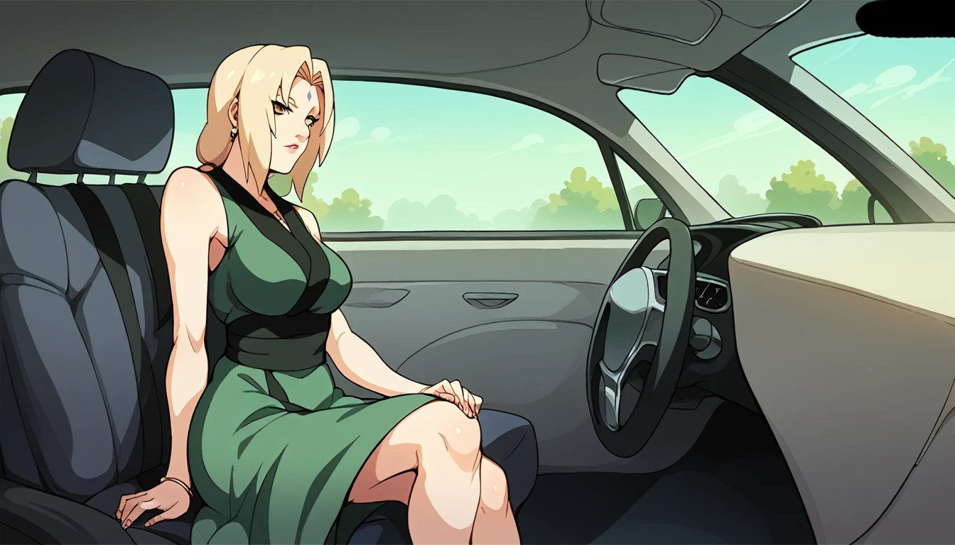 tsunade from naruto, green dress, sitting on a green car