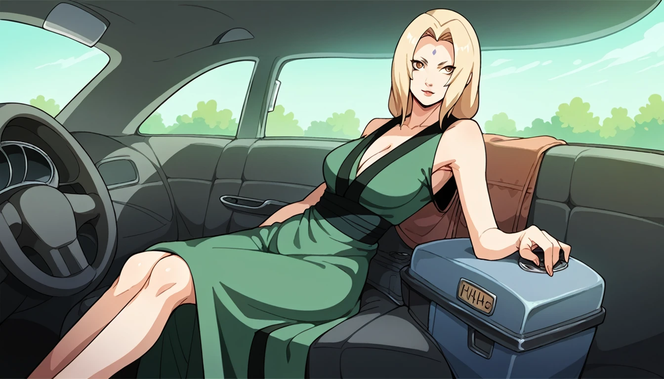 tsunade from naruto, green dress, sitting on a green car