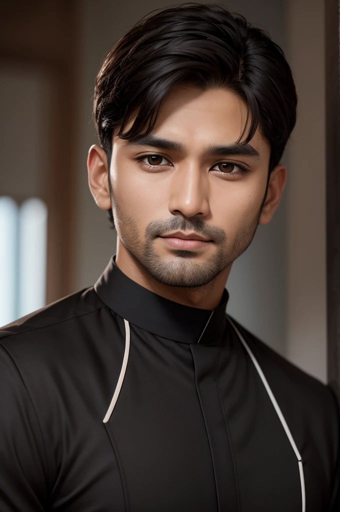 a brown man, brown-eyed, straight and short hair, wearing a black outfit, similar to a priest's cassock, with a mustache, wearing leather gloves on the right and left hands, and on his right hand a gold ring with an emerald stone, e com pose social.