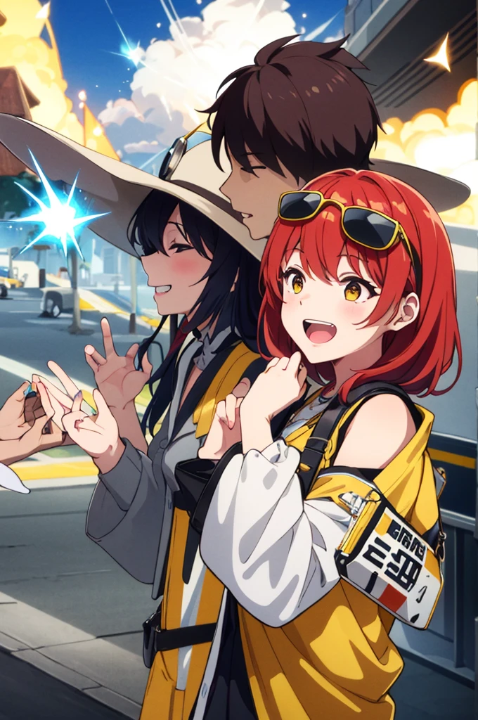 Focus on the face、Face only、Red hair、Yellow sunglasses、laughing、Hands on sunglasses、Fancy costumes、Spark effect