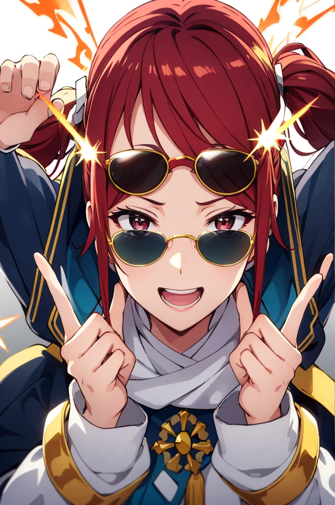 Focus on the face、Face only、Red hair、Yellow sunglasses、laughing、Hands on sunglasses、Fancy costumes、Spark effect