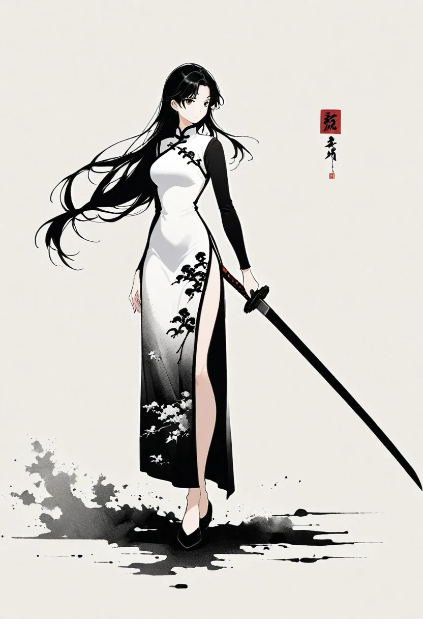 Artistic ink painting，Three-dimensional ink painting，Minimalism，Minimalist graphics，Minimal Art，Anime girl holding a sword，whole body，Chinese style，antiquity，Ink Painting，cheongsam，Black long hair，Black and white background，古韵White Space，White Space，大面积White Space，Texture Matte，Low saturation，Minimalist composition，Master composition
