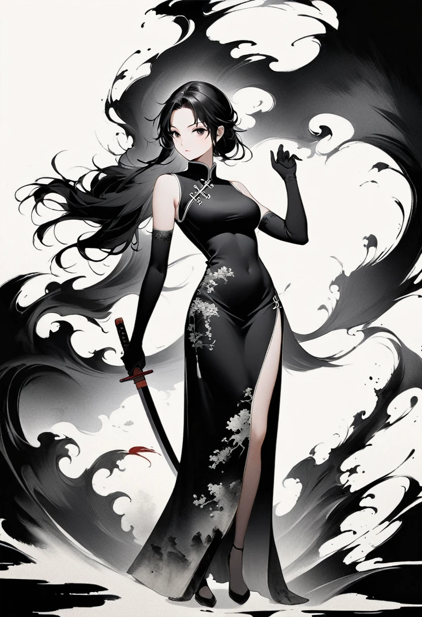 Artistic ink painting,Three-dimensional ink painting,Minimalism,Minimalist graphics,Minimal Art,Anime girl holding a sword,whole body,Chinese style,antiquity,Ink Painting,cheongsam,Black long hair,Black and white background,古韵White Space,White Space,大面积White Space,Texture Matte,Low saturation,Minimalist composition,Master composition
