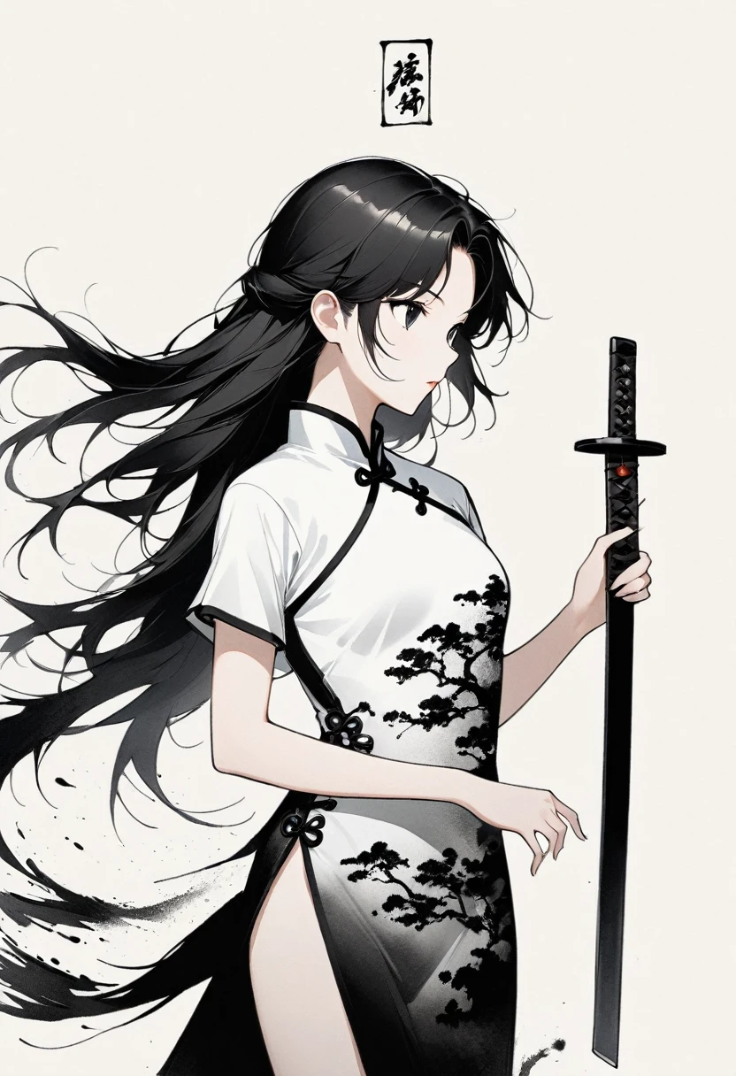 Artistic ink painting，Three-dimensional ink painting，Minimalism，Minimalist graphics，Minimal Art，Anime girl holding a sword，whole body，Chinese style，antiquity，Ink Painting，cheongsam，Black long hair，Black and white background，古韵White Space，White Space，大面积White Space，Texture Matte，Low saturation，Minimalist composition，Master composition
