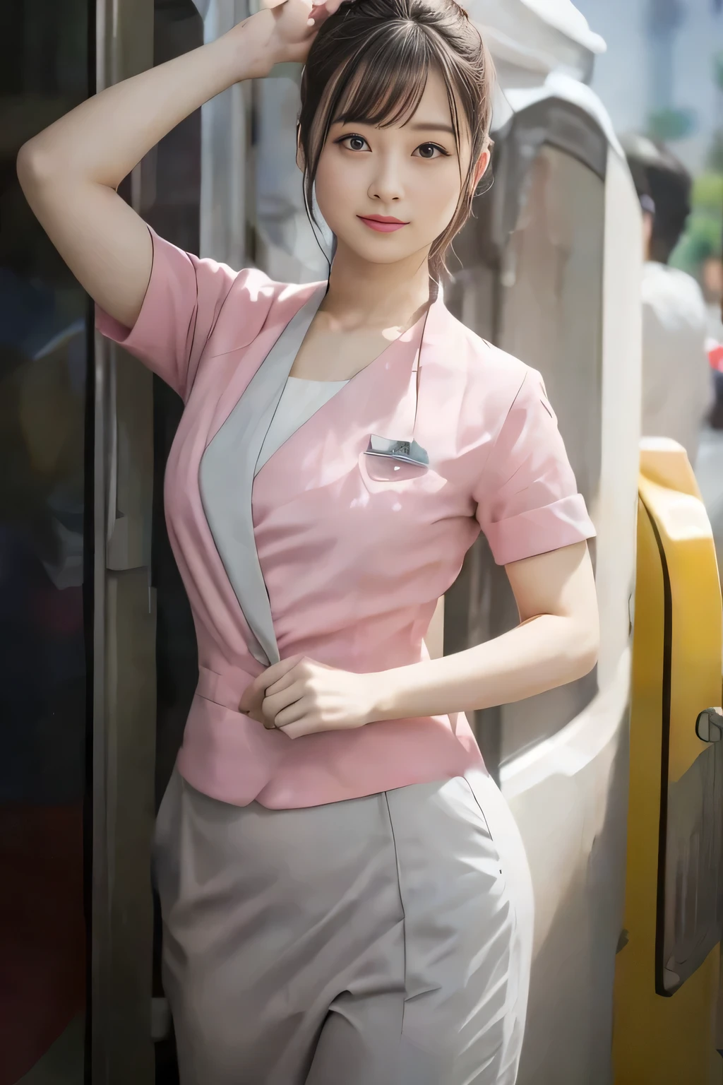(masterpiece:1.2, Highest quality:1.2), 32k HDR, High resolution, (alone、1 girl)、(On the rooftop of a building in the daytime、Professional Lighting)、Building rooftop background、(Nankai train crew uniform pinkを着たリアルスタイル)、(Nankai train crew uniform pink short sleeve collarless pink jacket、Nankai Train Crew Uniform Pink Collarless Short Sleeve Blouse、Nankai Train Crew Uniform Pink Grey Knee-length Culottes)、((The bottom of the pink short-sleeved jacket cannot be tucked into the clay-colored culottes.))、Dark brown hair、(Hair tied up、Hair Bun、Hair Bun)、Dark brown hair、Long Shot、Big Breasts、Thin legs、((Great hands:2.0)),((Harmonious body proportions:1.5)),((Normal limbs:2.0)),((Normal finger:2.0)),((Delicate eyes:2.0)),((Normal eyes:2.0)))、(Nankai Train Crew Uniform Pink Grey Knee-length Culottesを見せた美しい立ち姿)、smile
