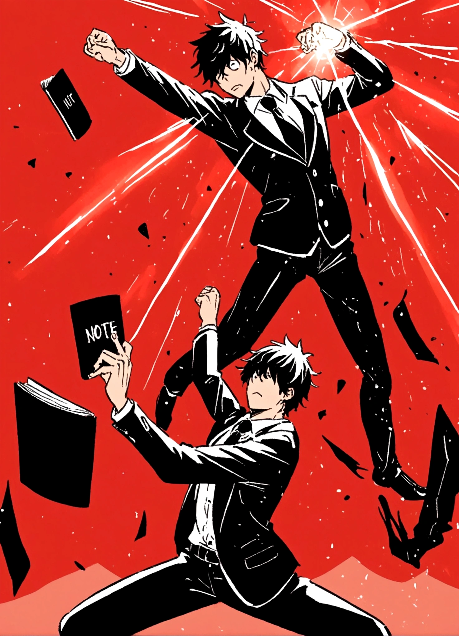 Trio of suit and tie,dynamic pose,nervous expression, with red background,death note style