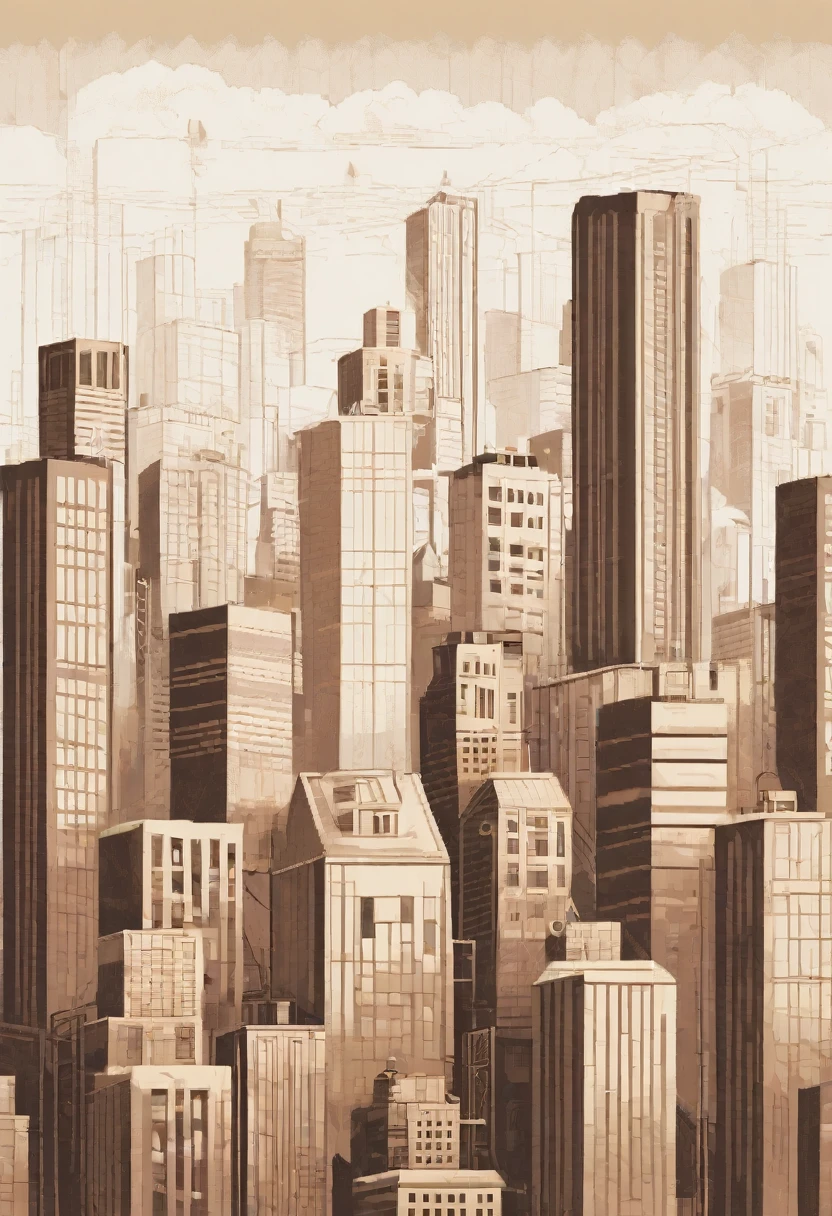 Draw a minimalist cityscape, focusing on simple lines and geometric shapes, with few details and a restricted color palette.