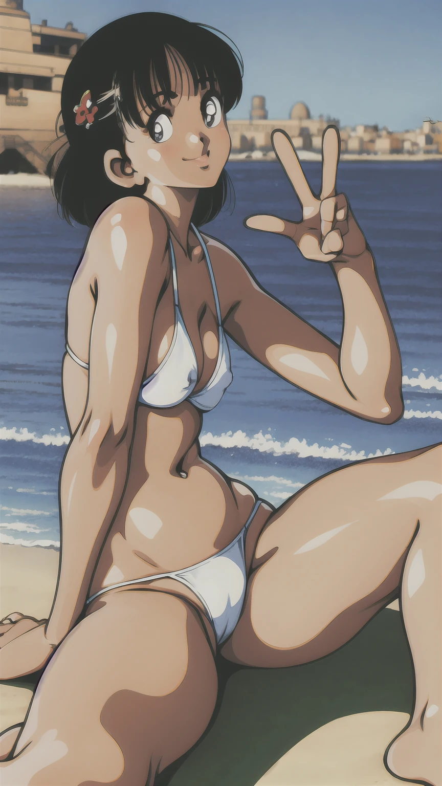 (((asakura minami:1.3))),((masterpiece)),((highest quality)),Super detailed,(thin entire outline),enlightenment,explicit,((1girl,solo)),black hair,medium hair,black eyes,small nose,perfect body,beautiful body,beautiful character design,perfect eyes,perfect face,pov,((happy smile)),small open mouth,(enjoy,having fun:1.2),entp,perspiration,wallpaper,ultra high resolution,8k,photo shoot,(beautiful large breast:1.2),beautiful legs,perfect feet,beautiful skin,fair skin,smooth skin,official style,official art,make a screen cap,outdoor,(summer beach),sunshine,bright lighting,white bikini,(very tight micro bikinis:1.2),protruding nipples,red cheeks,((camel toes:1.3)),(on beach chair,wide spread legs,peace sign:1.2),
