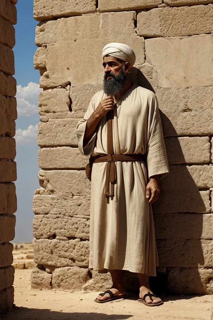 rsonage: Abraham, God (represented as a voice or a light)
	• Description: Abraham is an old man, dressed in simple linen or wool tunics, typical of the patriarchal era in ancient Mesopotamia.
	• Era: Bronze Age (around 2000 to.C.)
	• Outfit: long tunics, cloaks, sandals • Place: Ur of the Chaldeans, an ancient city • Action: Abraham looking at the sky or listening to a divine voice • Type of action: spiritual, of revelation